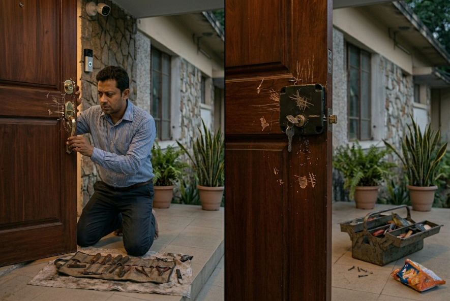 A homeowner checking the credentials of a professional to avoid the dangers of an Unlicensed Locksmith.