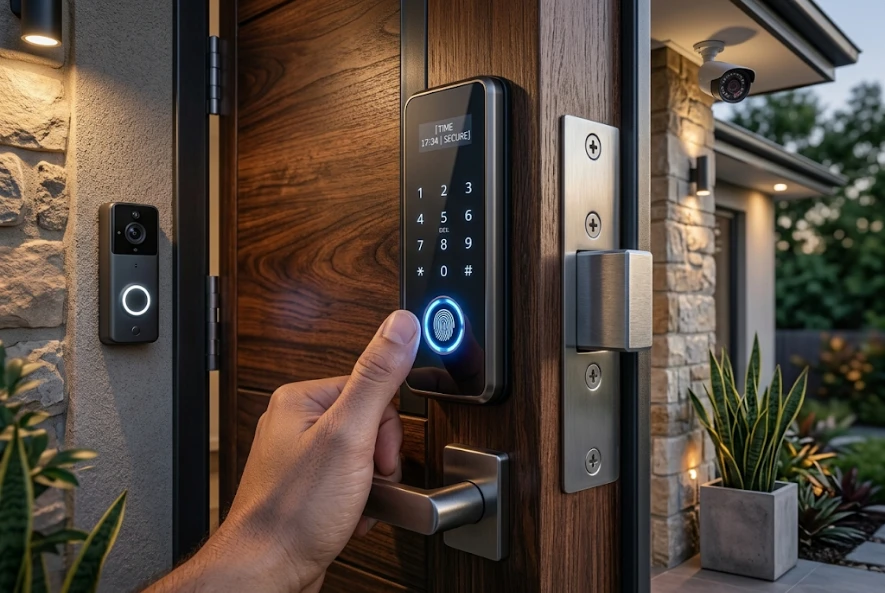 A close up of a fingerprint scanner on a secure smart locks, highlighting biometric authentication technology.