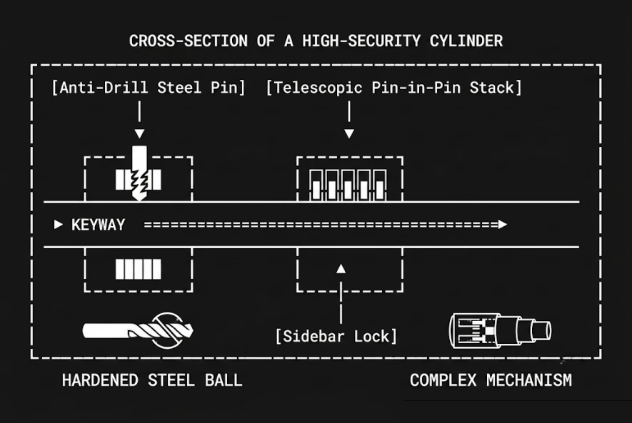 Locksmith services diagram illustrating a deadbolt installation and the internal components of a high-security lock cylinder.