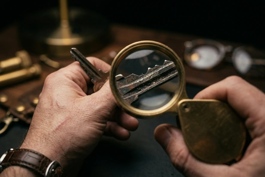 Key Services expert checking a worn house key before making a copy