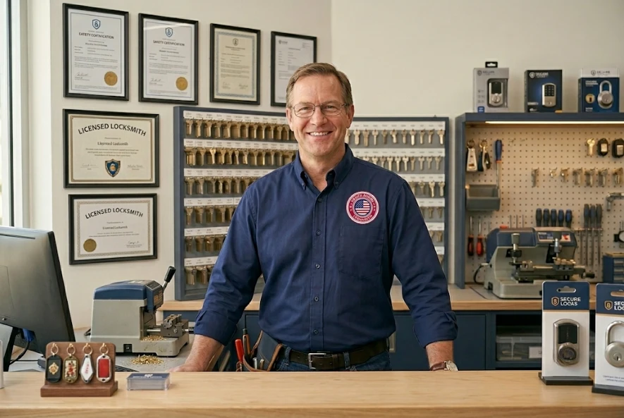 Locksmith service storefront showing a licensed locksmith at a counter with framed certifications and key racks.