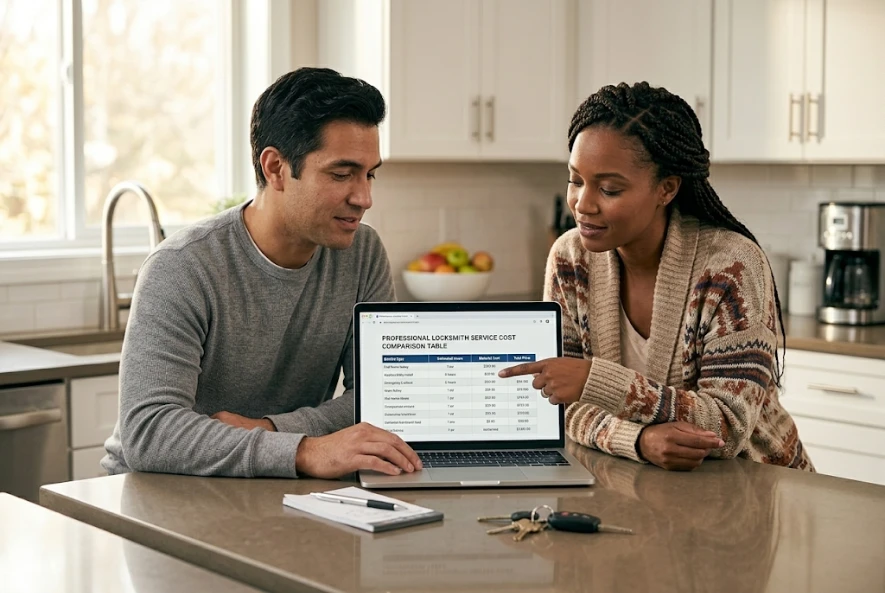 Locksmith service price chart shown on a laptop screen to help clients compare rates before booking.