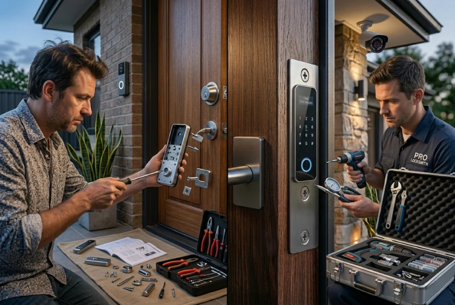A professional locksmith installing a modern smart lock, ensuring perfect alignment and secure hardware.