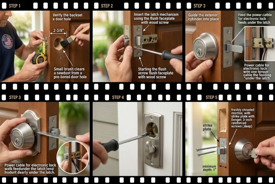 Deadbolt installation step-by-step guide showing an infographic layout of a lock being mounted on a door.