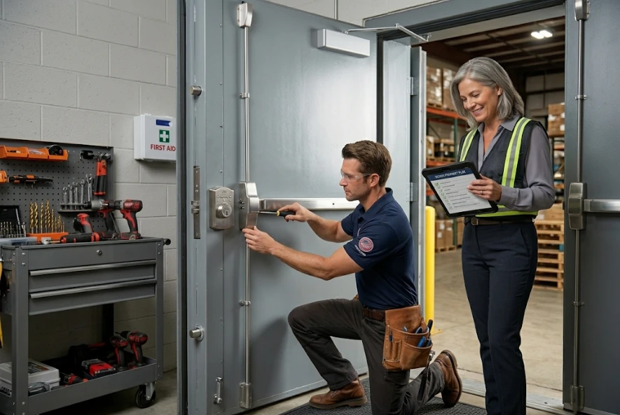 Locksmith installing heavy-duty commercial door hardware while a manager reviews a tablet.