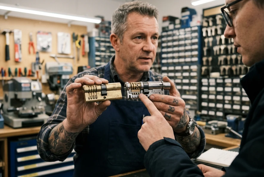 Key Services locksmith explaining key options before making a copy