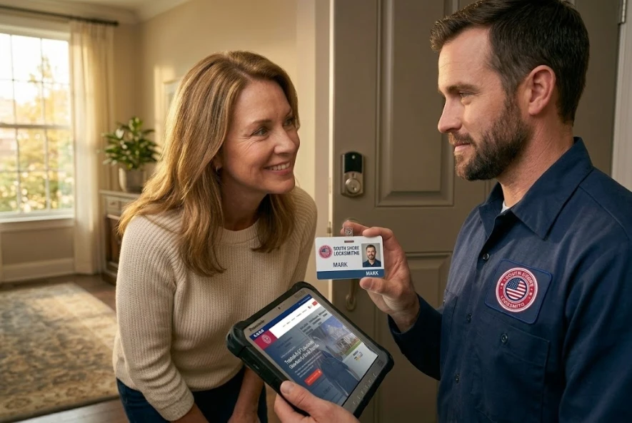 Locksmith service technician showing his professional photo ID badge to a happy residential client.