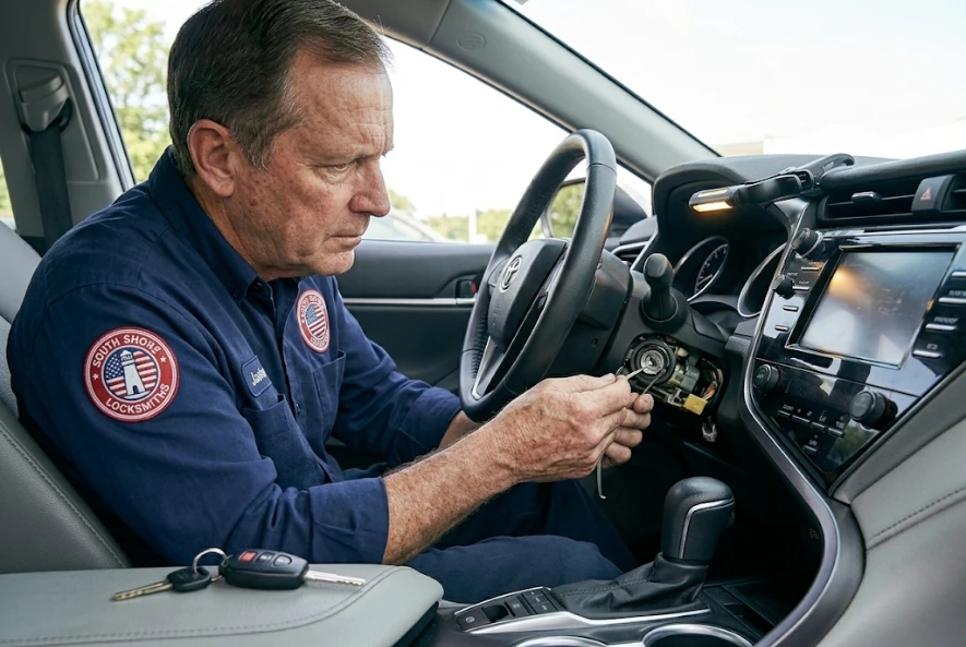 Locksmith service provider working on a car ignition system switch to solve a vehicle lock issue.