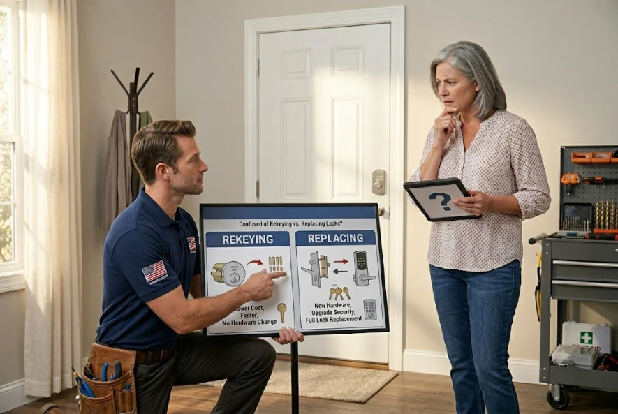 Rekeying vs replacing locks comparison guide for a secure Florida home door lock system.