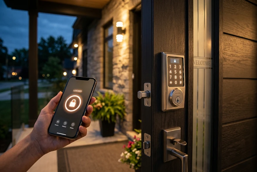 Schlage smart lock deadbolt installed on residential front door