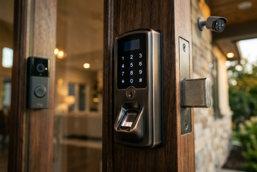 A close up of a smart locks keypad and locking mechanism mounted on a secure home door.
