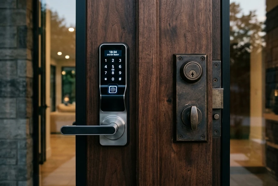 A side by side comparison of a modern smart lock and a classic metal deadbolt on a door.
