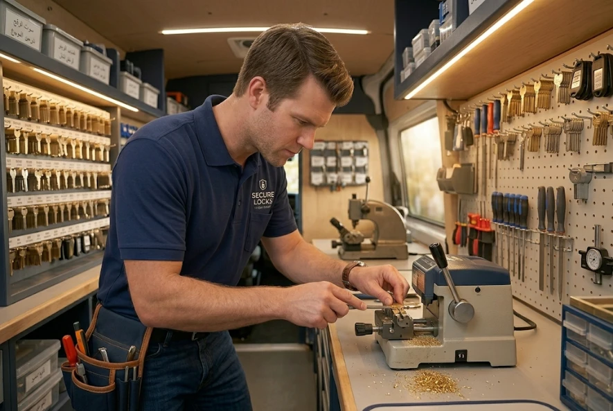 Locksmith service professional operating a key cutting machine inside a mobile workshop van.