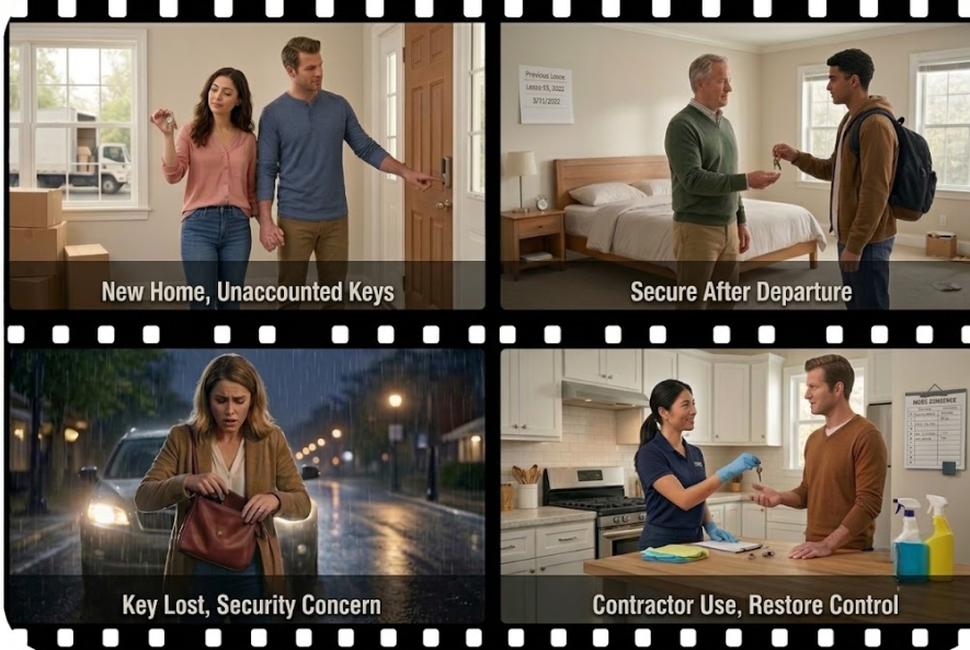 Rekey locks guide infographic showing four common scenarios for changing residential keys.