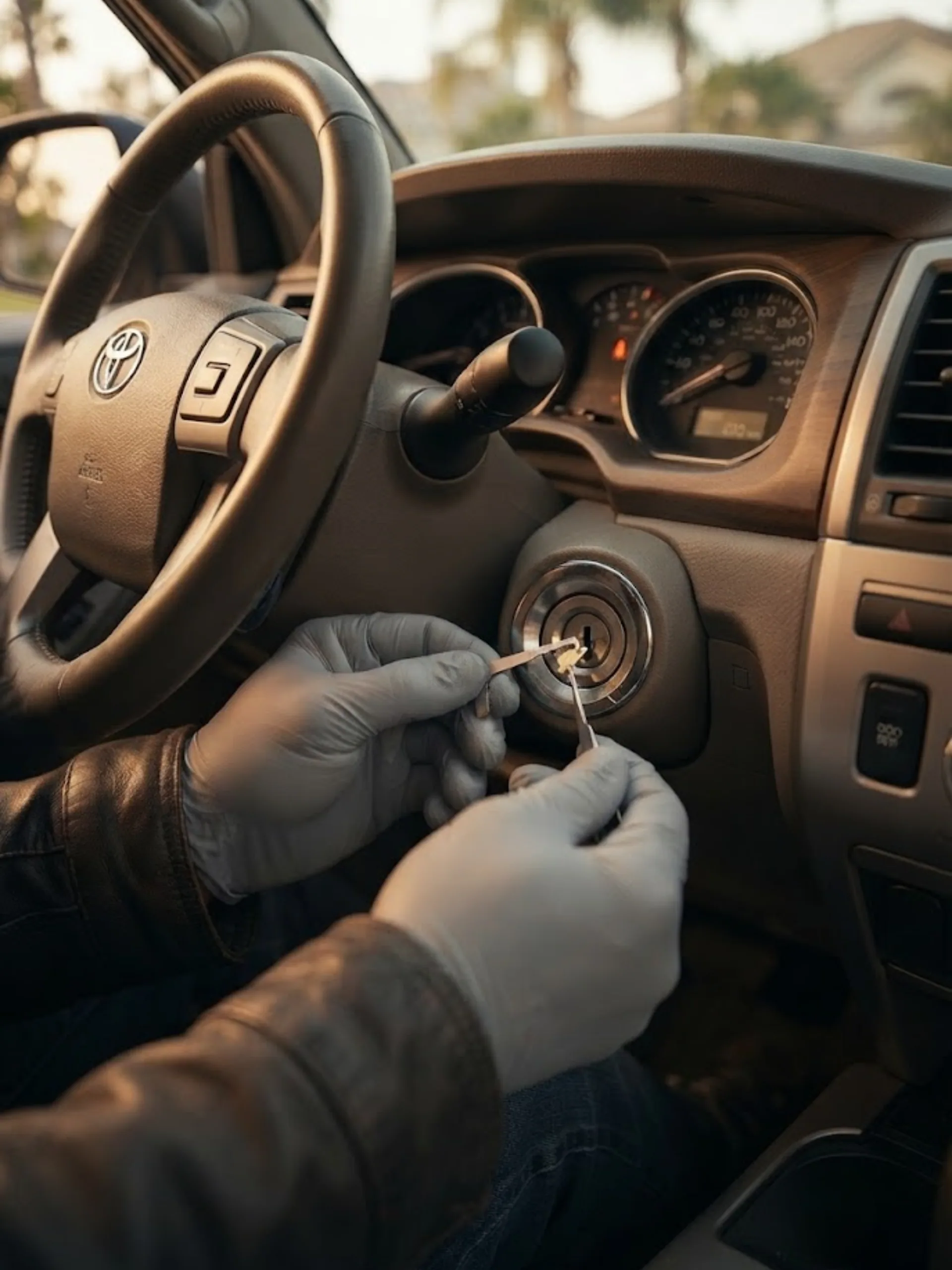 Automotive locksmith technician working on a car ignition cylinder as part of a Locksmith Parkland service