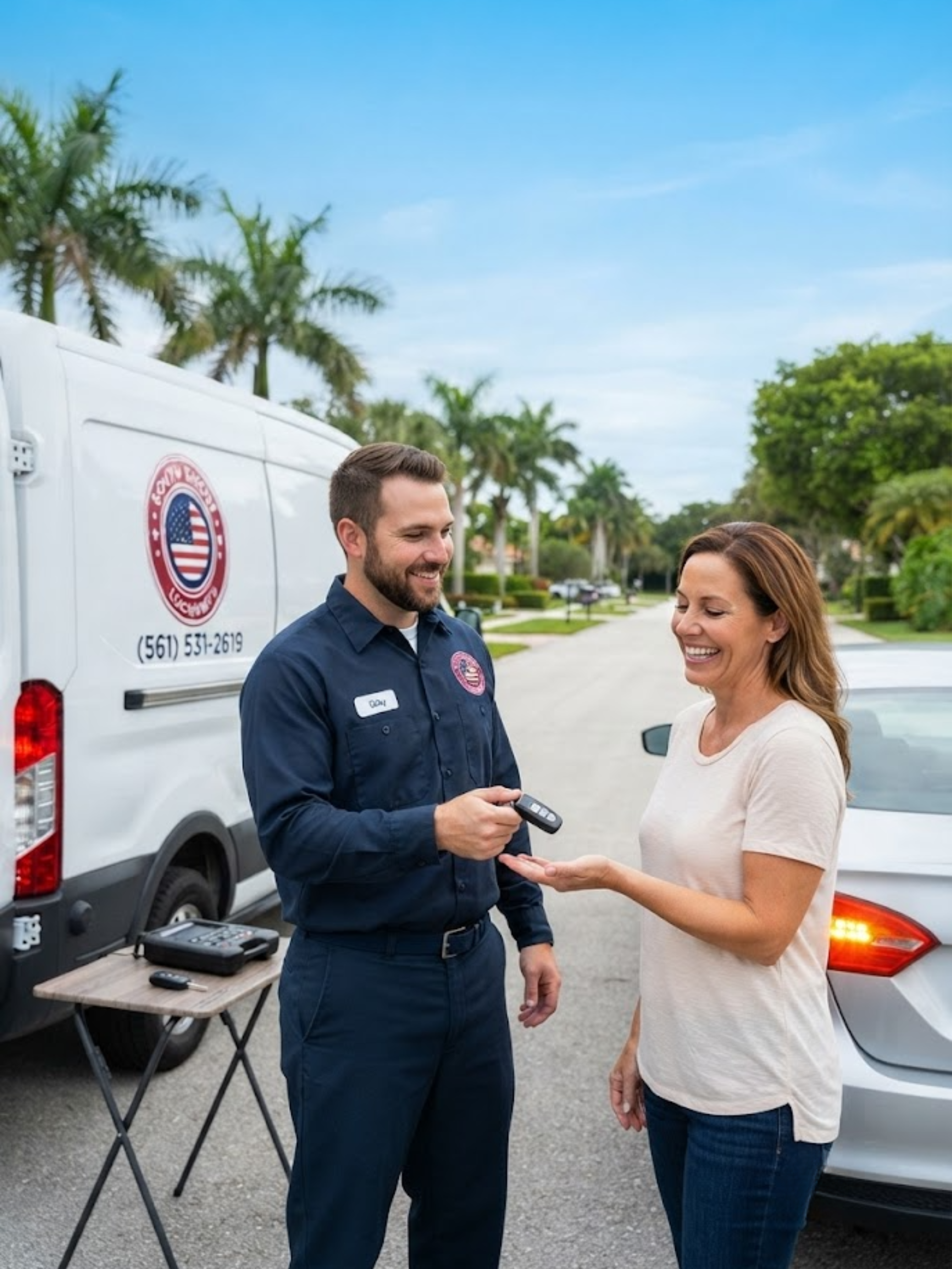 Locksmith Hallandale Beach FL technician cutting a replacement car key for a customer