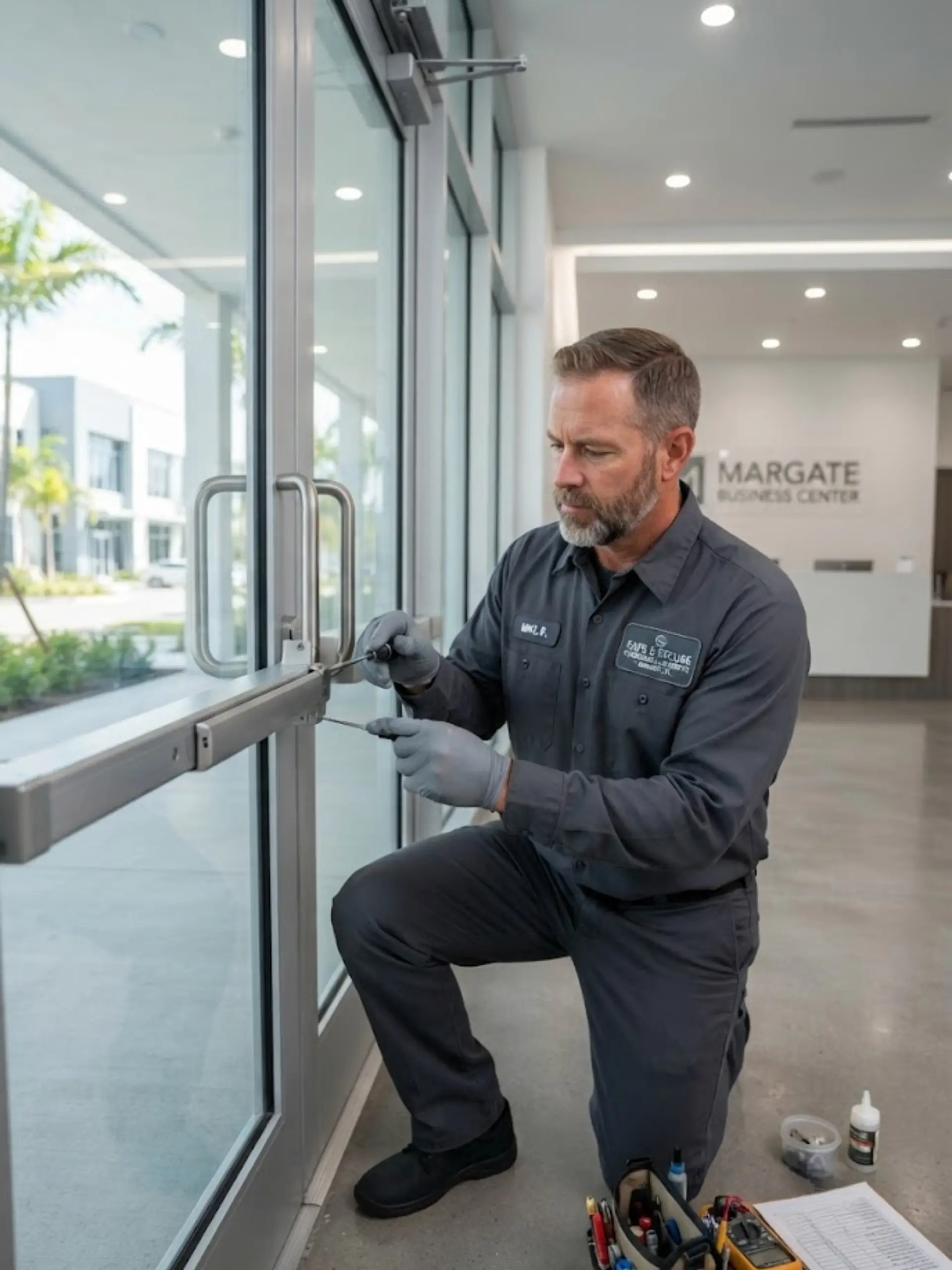 Commercial locksmith servicing glass business doors for a Locksmith Margate business.