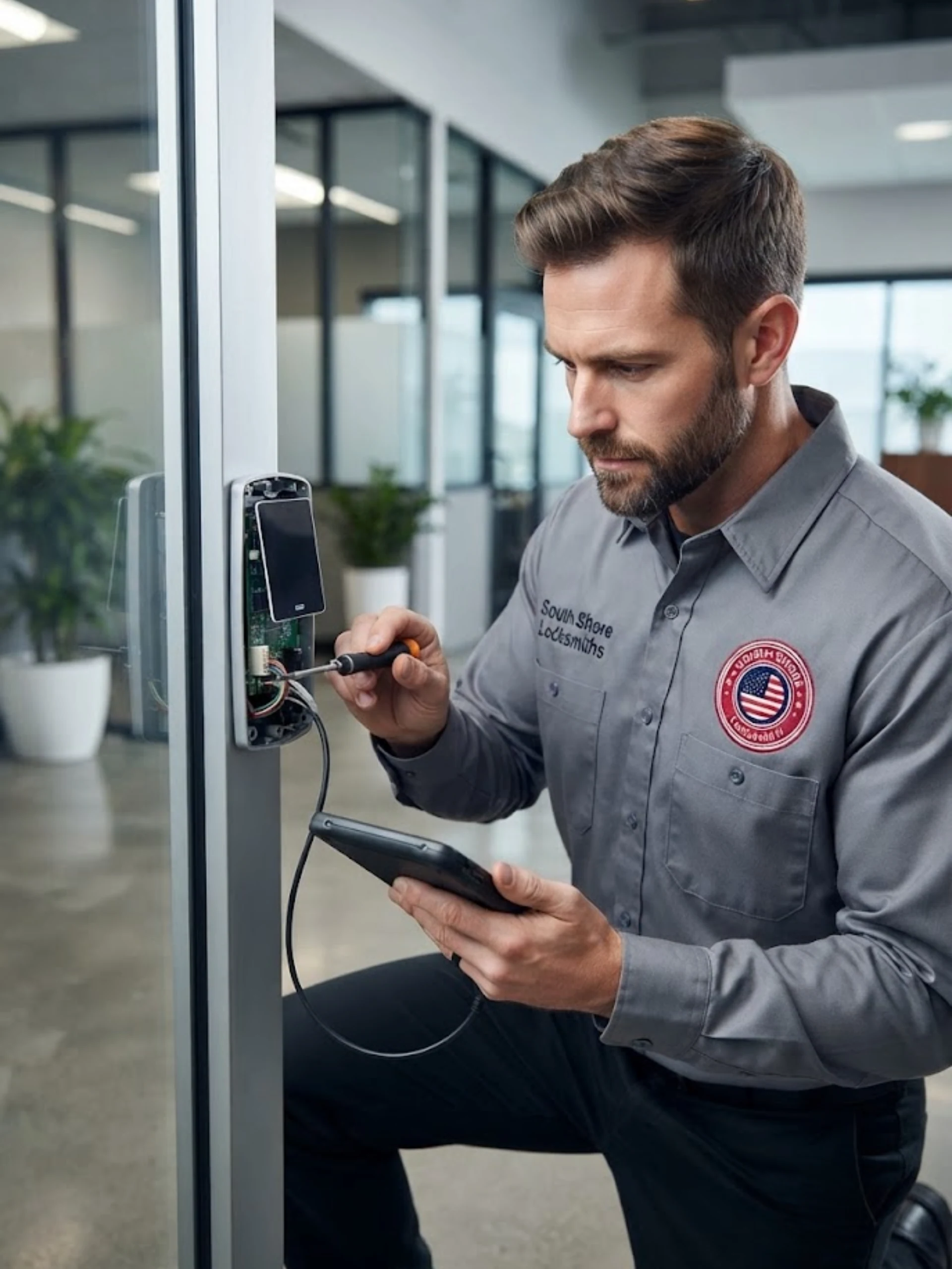Commercial locksmith repairing a glass door access control system for a Locksmith Miramar service.