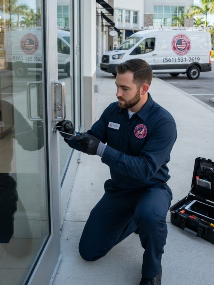 Commercial Locksmith Lauderdale Lakes servicing business entrance lock beside van