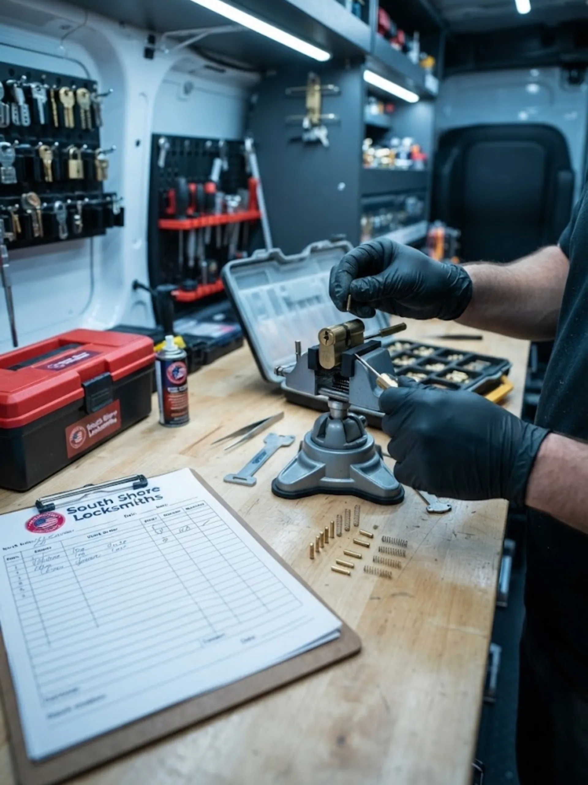 Reliable Locksmith Pembroke Pines servicing hardware inside a mobile locksmith van.