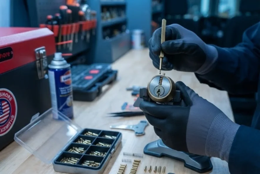 Fast Locksmith Pembroke Pines working on hardware inside a mobile van