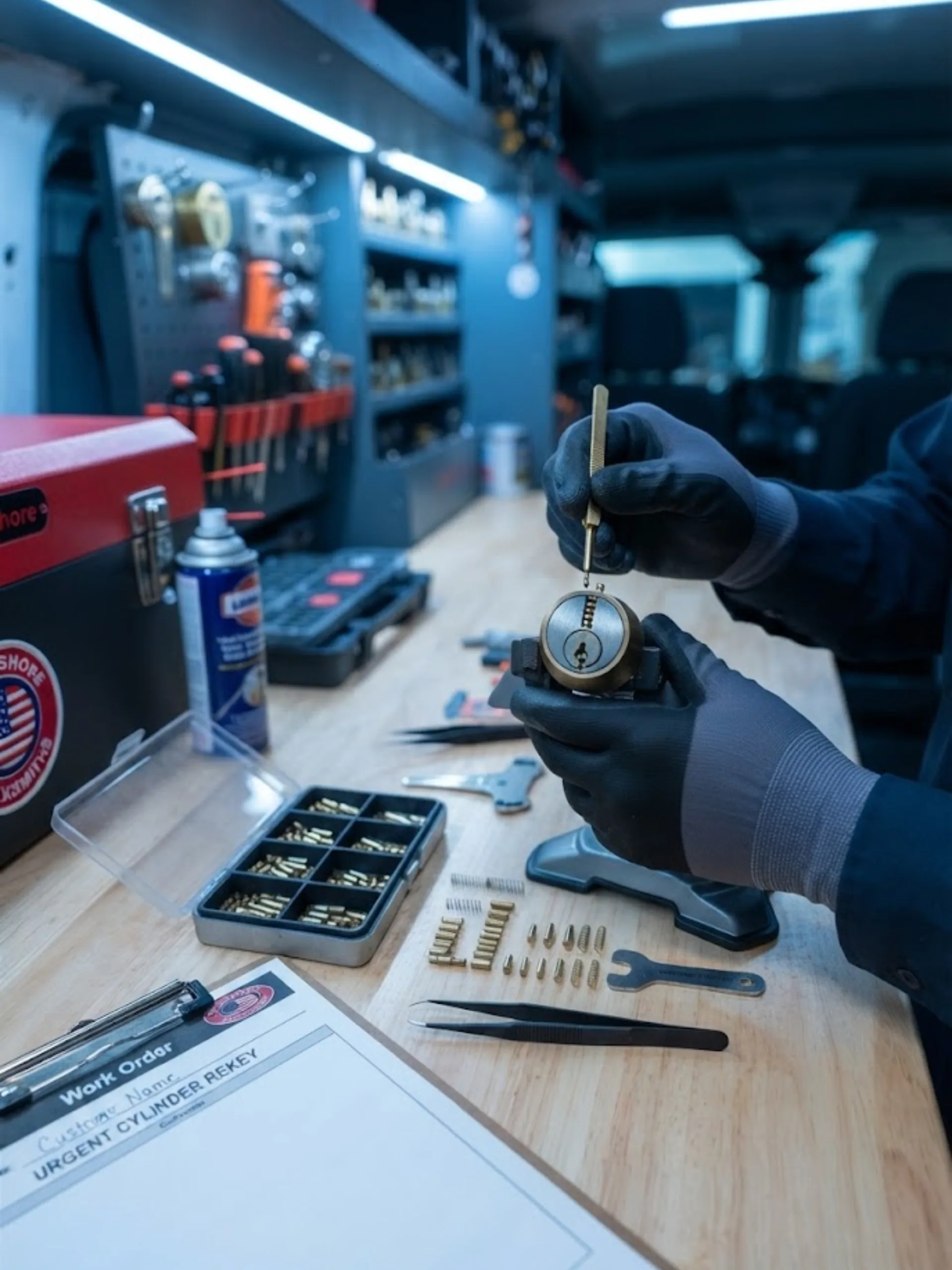 Fast Locksmith Pembroke Pines working on hardware inside a mobile van
