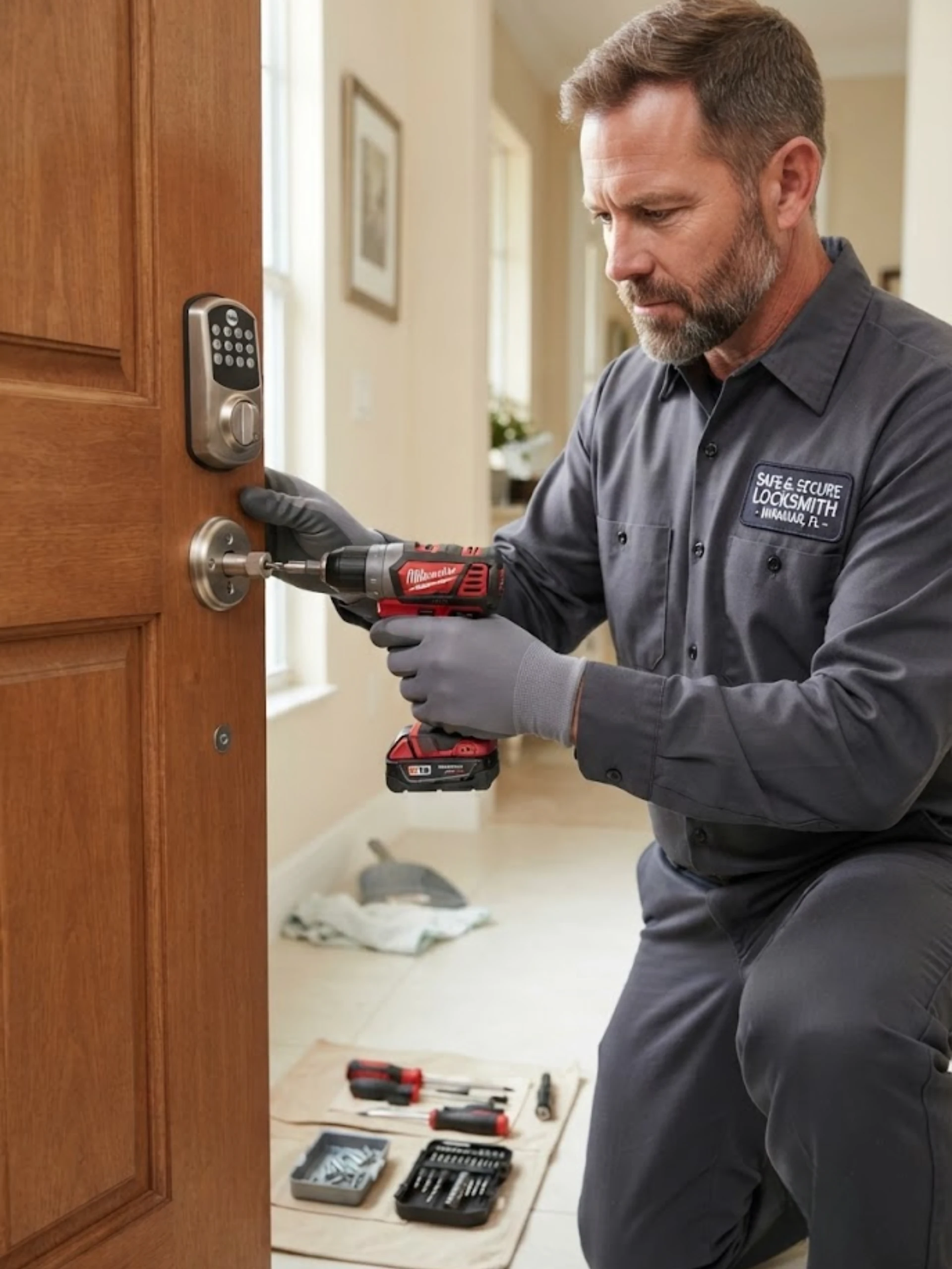 Professional residential locksmith installing a door lock for a Locksmith Miramar service.